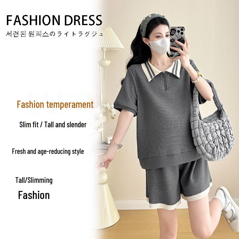 

2026 Korean Style Maternity Set: Short-Sleeved Top & Belly Support Shorts 2XL