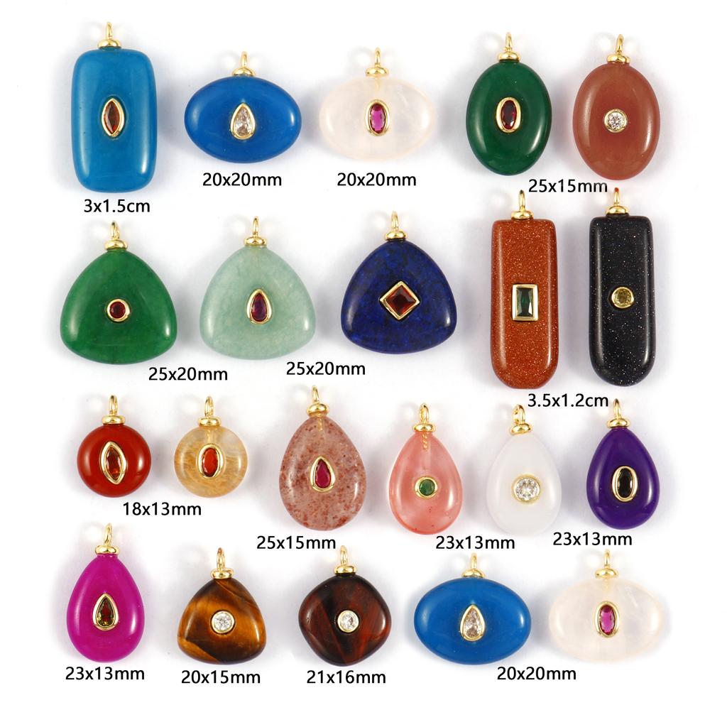 1PC Natural Stone Brass Charms 18K Gold Plated Cubic Zirconia & Gemstone Geometric Pendants for Women Diy Necklace Making