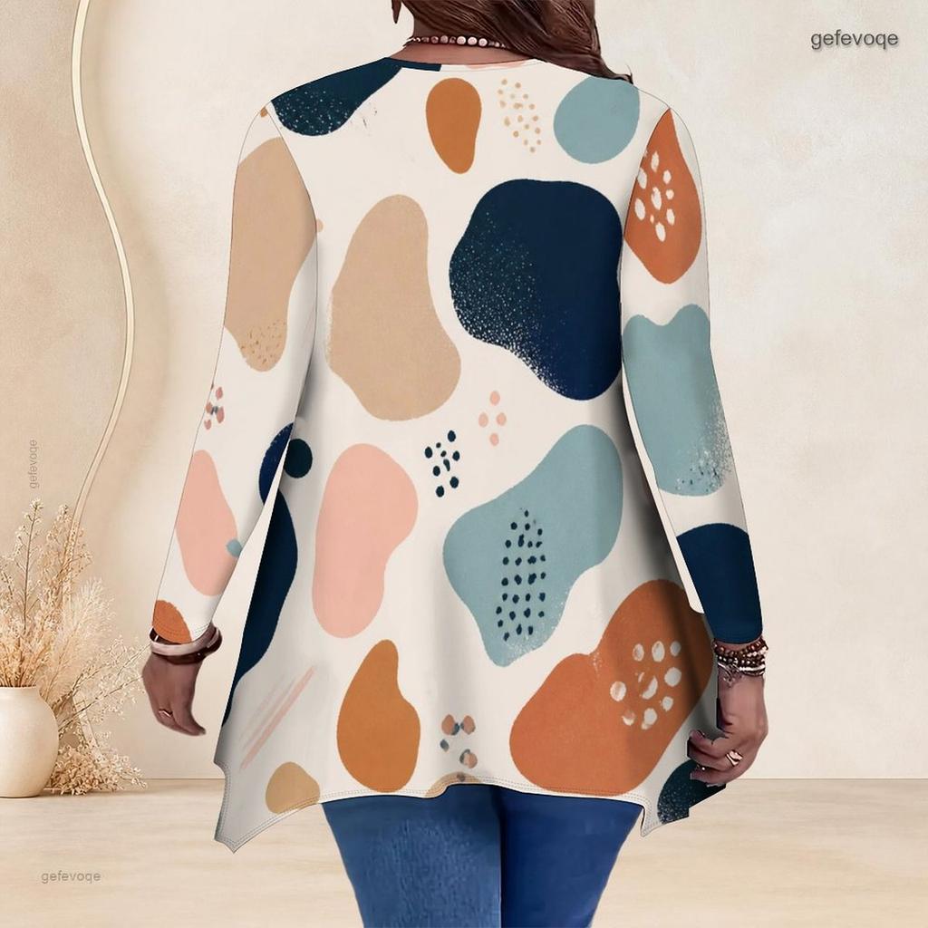 Women Plus Size V Neck Long Sleeve Abstract Leaf Print Irregular Hem Tunic Top