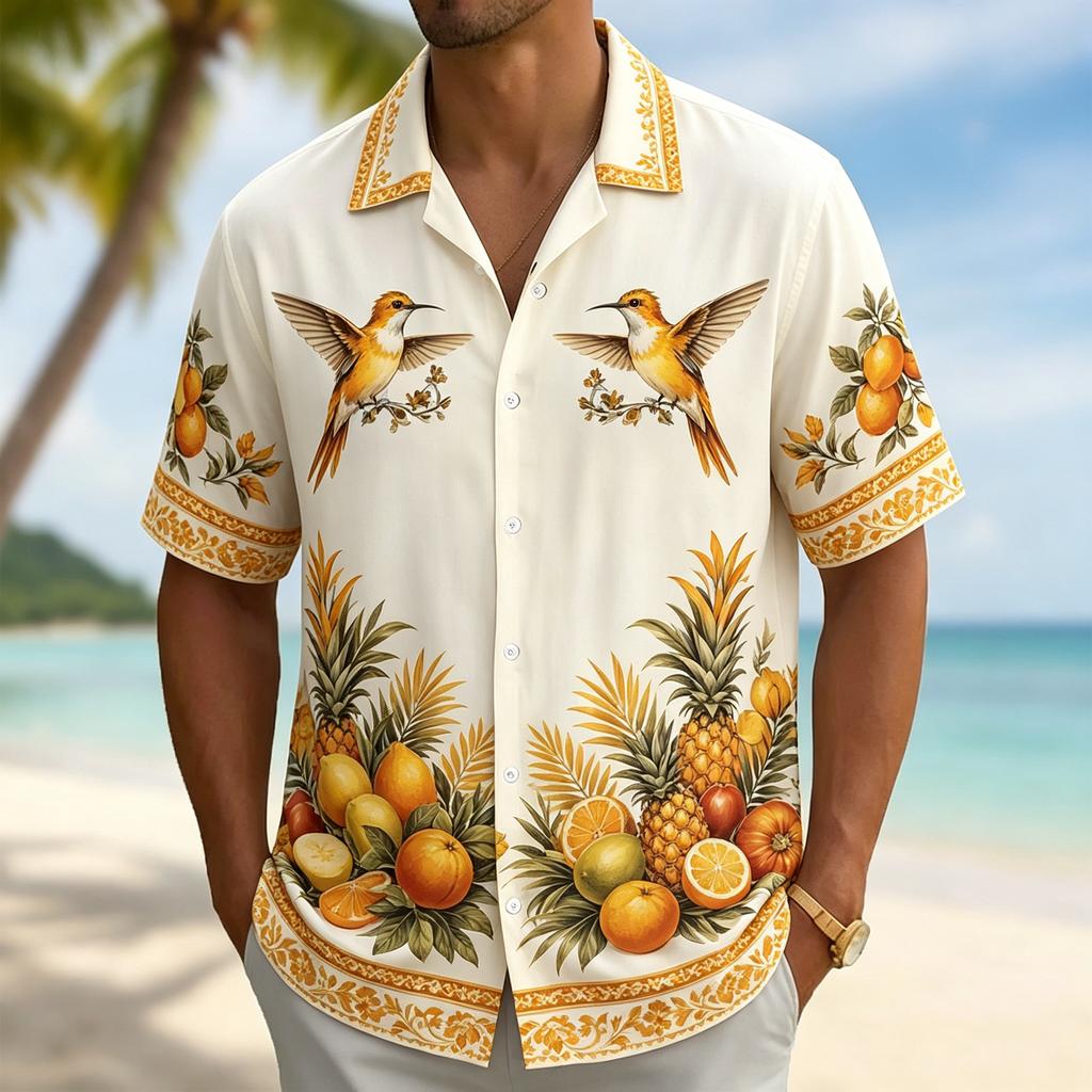 Men's Flamingo Print Short Sleeve Shirt, Casual Collar Tops, Tropical Palm Leaf Style For Spring & Summer