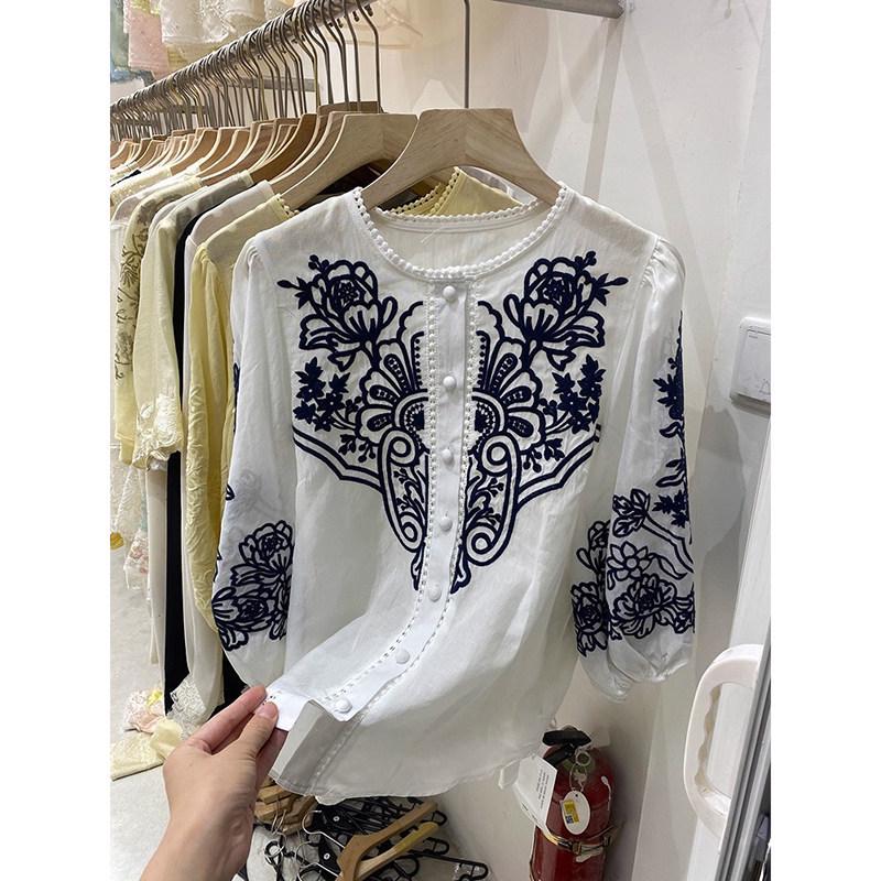 2026 Summer European Retro Mid-Sleeve Embroidered Chic Women s Shirt XL
