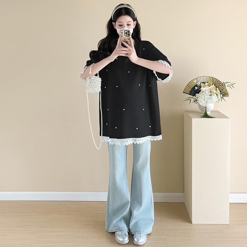 

2026 Summer Design: Beaded Lace Trim Plus Size Maternity T-Shirt 2XL чорний