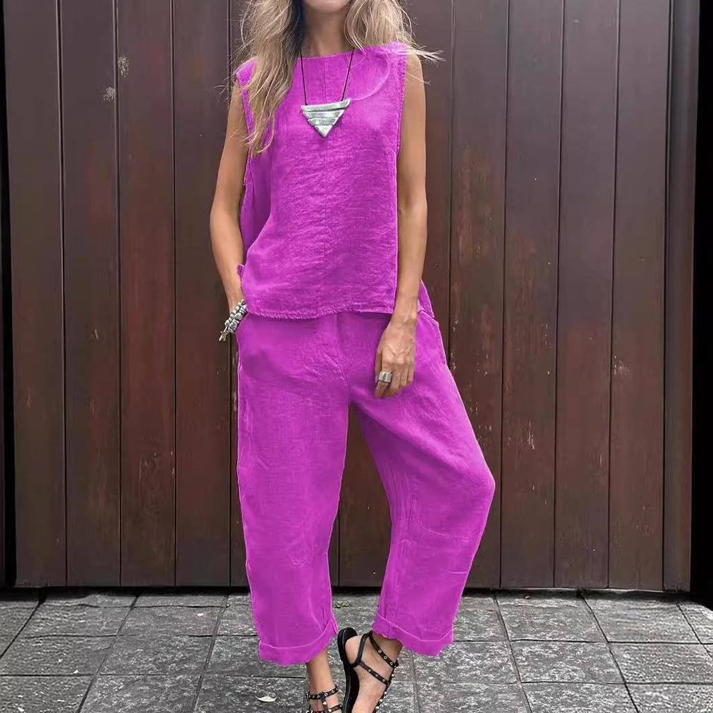 Spring/Summer 2025 Cotton Linen Women's Sleeveless Top & Loose Pants Set