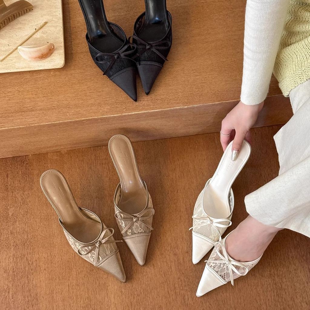 Cold and Gentle Feeling! Lace Pointed Head Bow High Heels Women's 2025 Spring New Sexy Bag Head Half Slippers