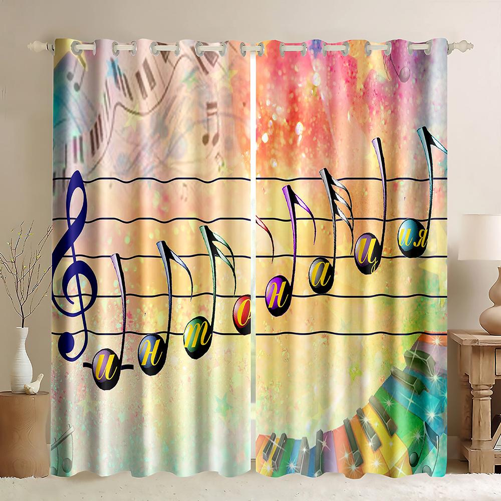 Cheap Custom Rock Music Guitar Thin Window Curtain Retro Musical Note Printed Curtains for Bedroom Kitchen Home Decor 2 Panels