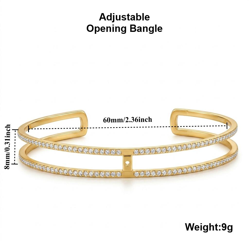 Sleek Minimalist Zircon Open Cuff Bangle Gold Tone Double Layer with Sparkling Stones Fashionable Edgy Statement Bracelet Y2K золотистый