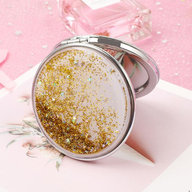 

Двостороннє портативне складне косметичне дзеркало Жіночі подарунки з текучим блискучим піском Міні дзеркало для макіяжу Компактні кишенькові дзеркала Round золотий