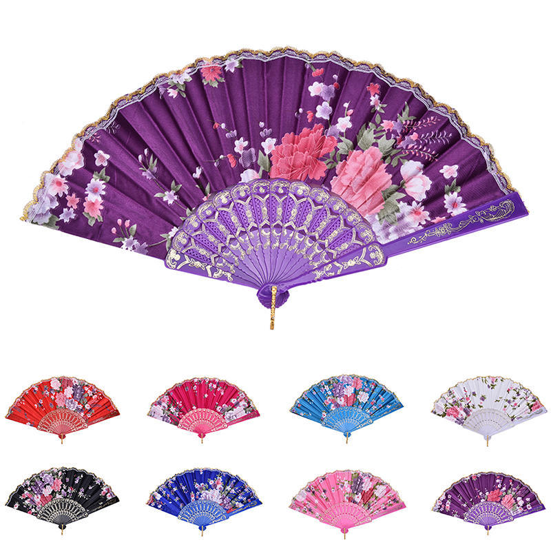 Dance Wedding Party Lace Silk Folding Hand Held Flower Pattern Fan