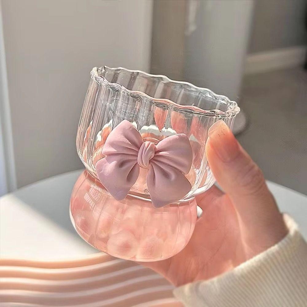 

Cartoon Pink Bow Glass Striped Coffee Mug Fashion Water Cup Girls Gift 1