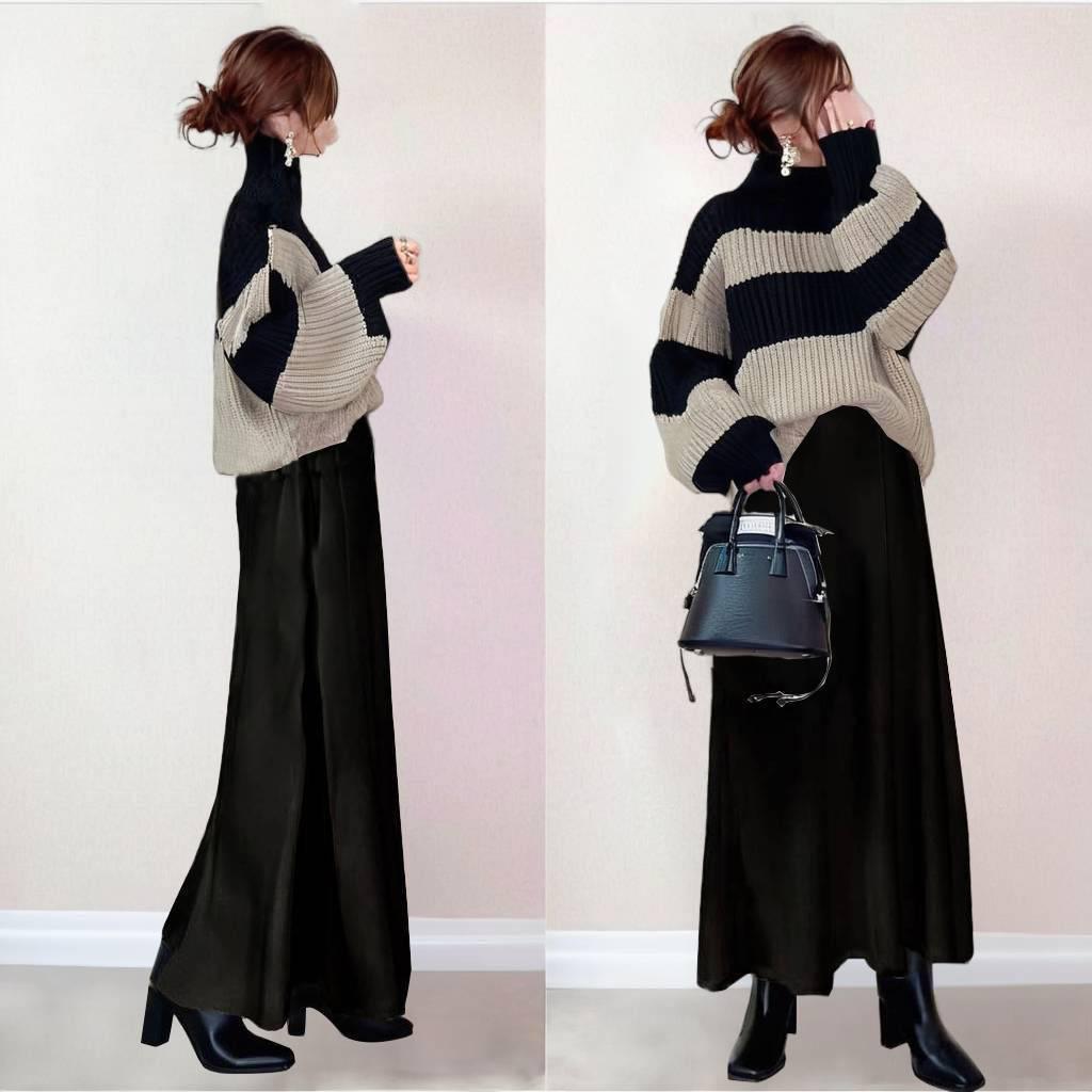 2026 Korean Style Color Block Knit Top & Skirt Set Large