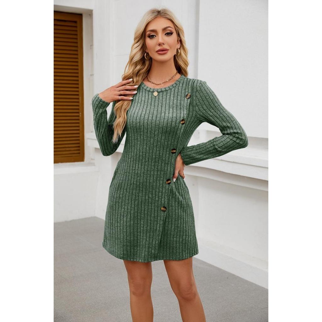 Women's Round Neck Side Button Pocket Long Sleeved Waist Tied Dress