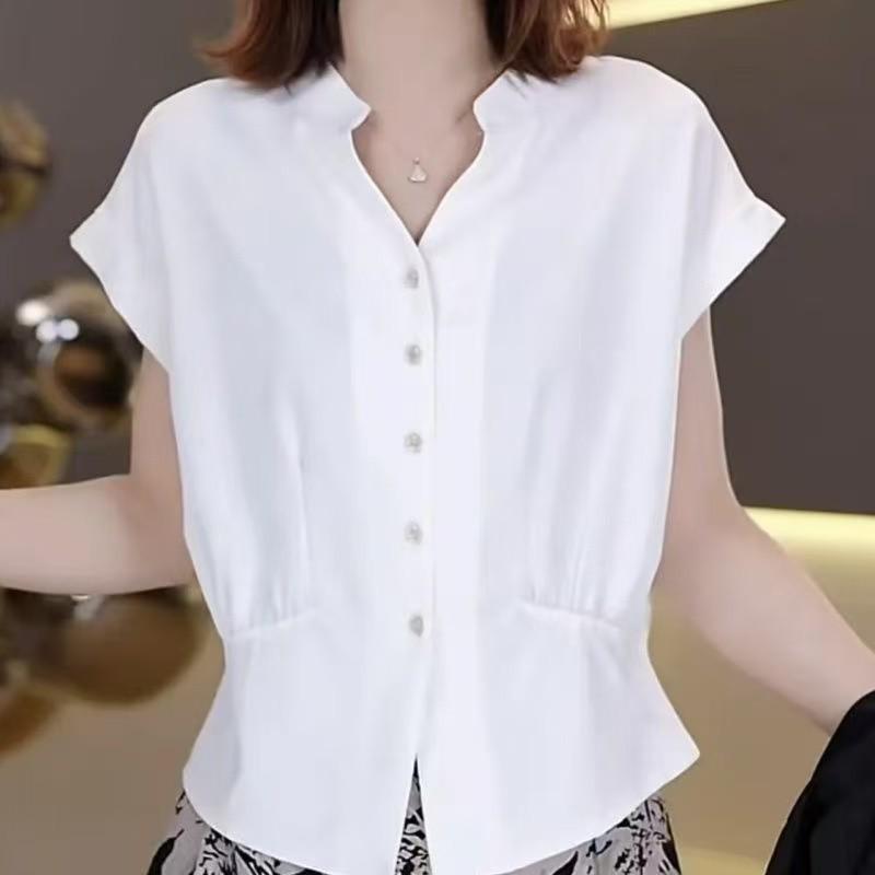 French V-neck Short Sleeve T-shirt - Elegant Slimming Design for Summer 2026 Fashion 4XL (155-165 lbs)