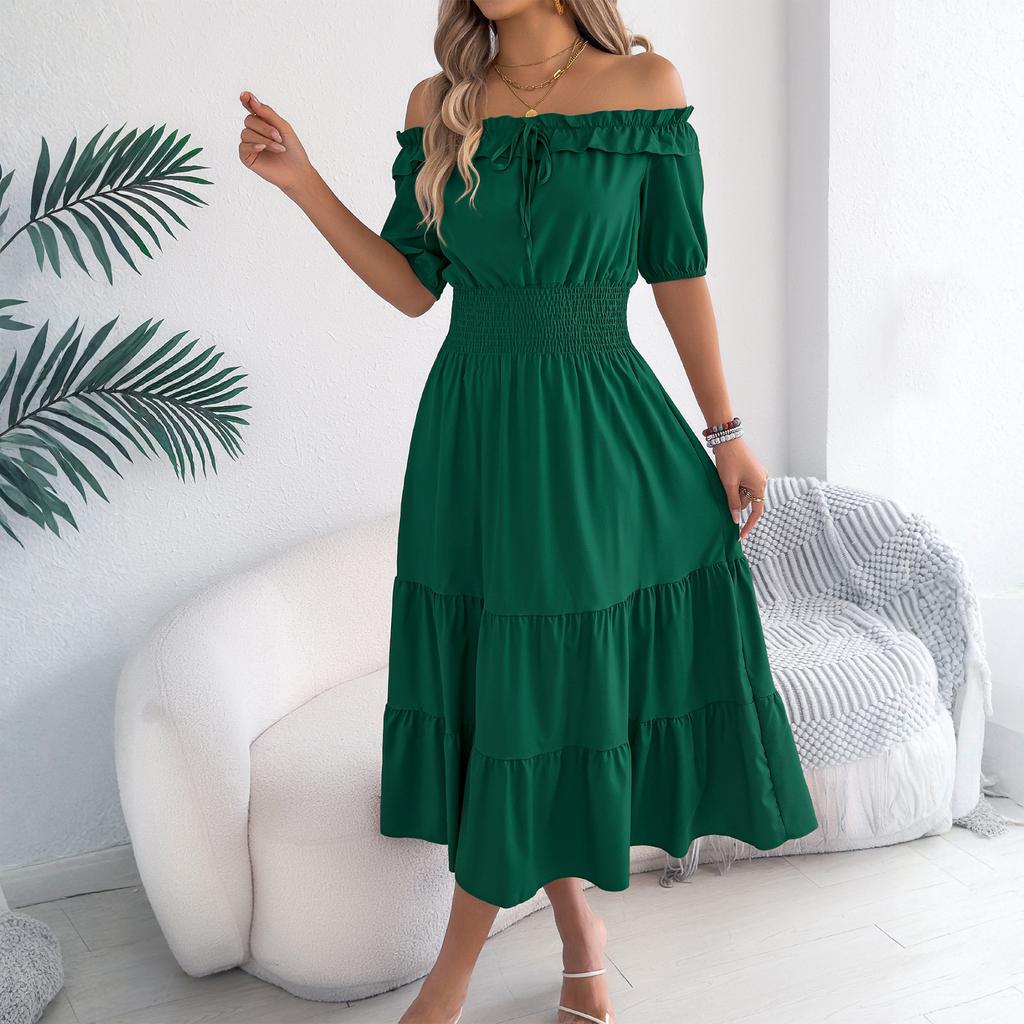 Women's Fashionable Casual Color Off Shoulder Black Fungus Edge Short Sleeved Pleated Waist Dress