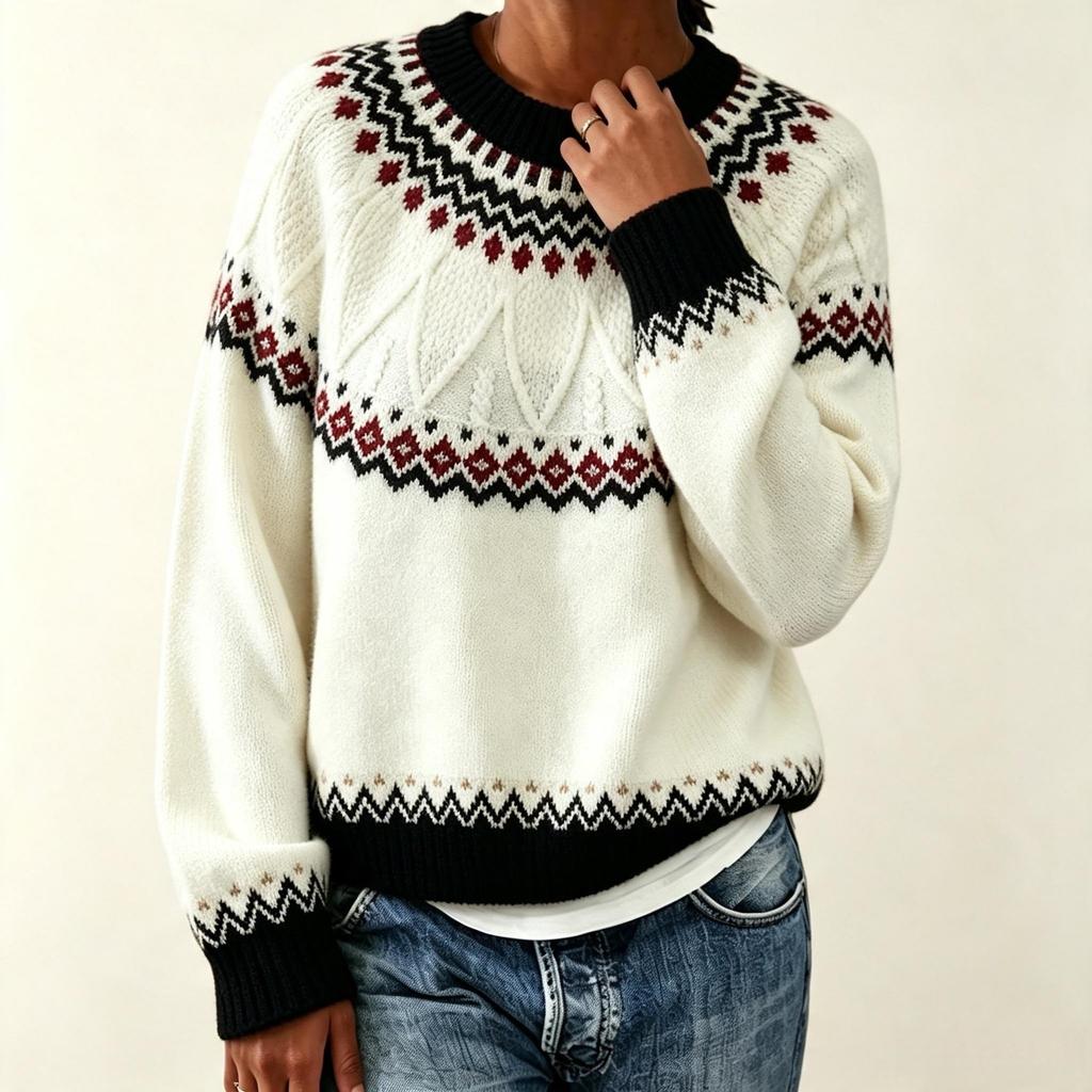 Autumn And Winter New Women'S Jacquard Knitted Crew Neck Jumper Fair Island Loose Color Matching Bottoming Sweater Women