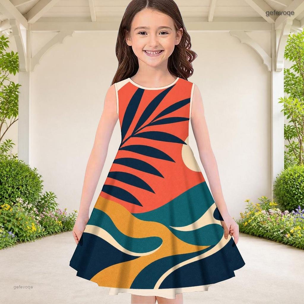 Girls Round Neck Sleeveless A Line Flared Hem Printed Gradient Dress