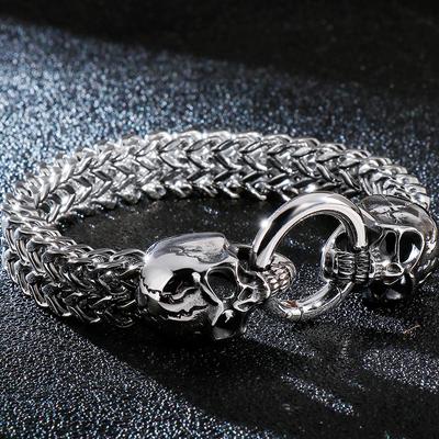Bracelet gothique à double tête de mort pour homme, chaîne à maillons en acier inoxydable, bracelets à breloques pour homme, bijoux squelette steampunk, cadeaux pour invités