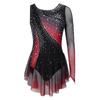 Girls Shiny Rhinestone Contrast Color Performance Dress Round Neck Asymmetrical Split Skating Dance Gymnastics Gown