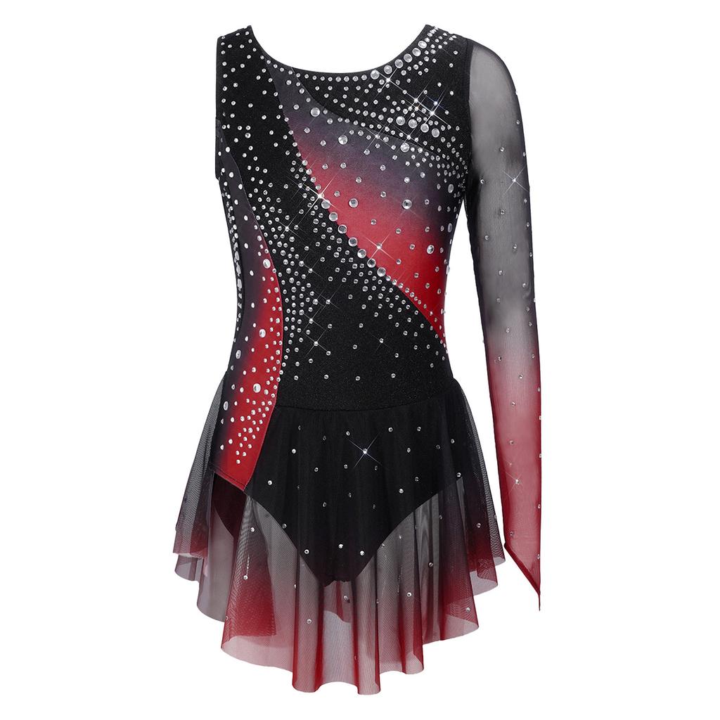 Girls Shiny Rhinestone Contrast Color Performance Dress Round Neck Asymmetrical Split Skating Dance Gymnastics Gown