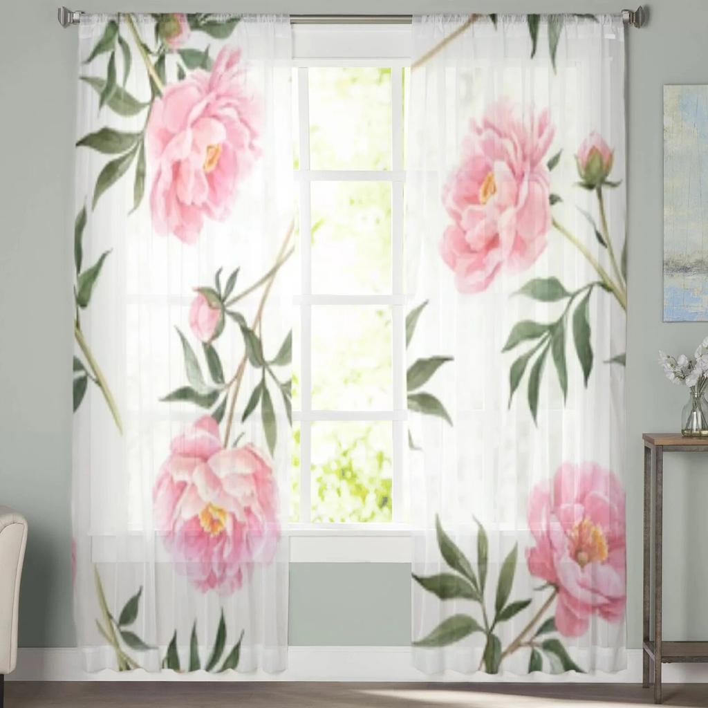 Delicate Pink Peonies Sheer Window Curtains For Living Room Bedroom Modern Voile Tulle Curtains Fabric Drapes For Kitchen