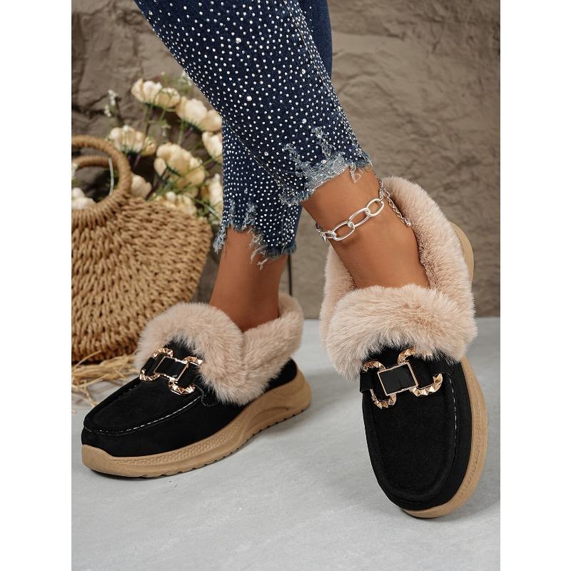 Winter New Metal Buckle Fleece Cotton Shoes Women's 2025 Plus-size Thick-soled Warm Fur Sneakers