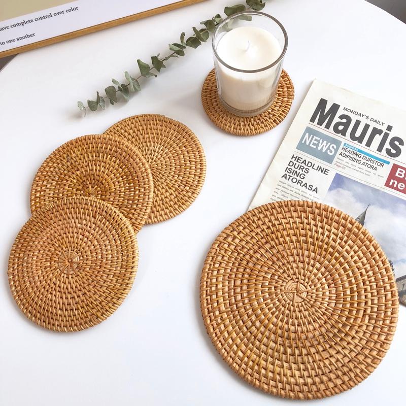 Rattan Table Mats Round  Placemat for Home Office Coffee Cup Pad Handmade Woven Insulation Heat Coasters  Dinner Table Decor