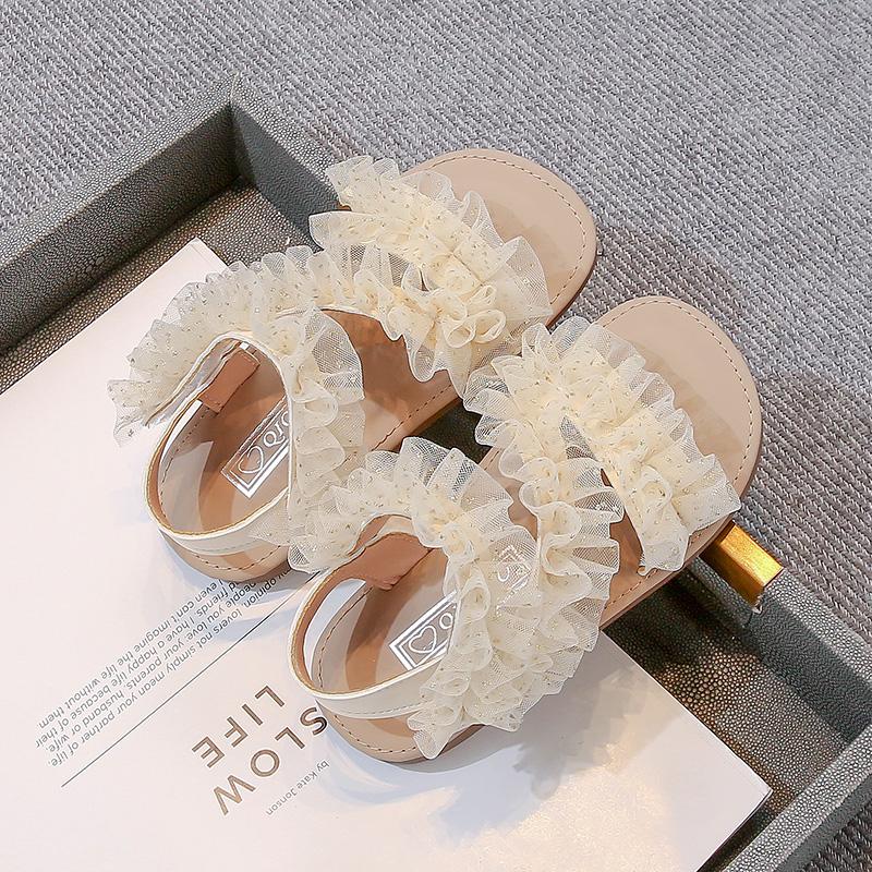 

Girls Beach Shoes Open Toes Breathable Kids Sandals Sweet Pleated Lace 2025 Summer New Children Princess Shoes Elegant Cute 23 бежевий