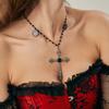 Dark Gothic Cross Tag Necklace, Halloween Imitation Crystal Chain Collarbone Necklace