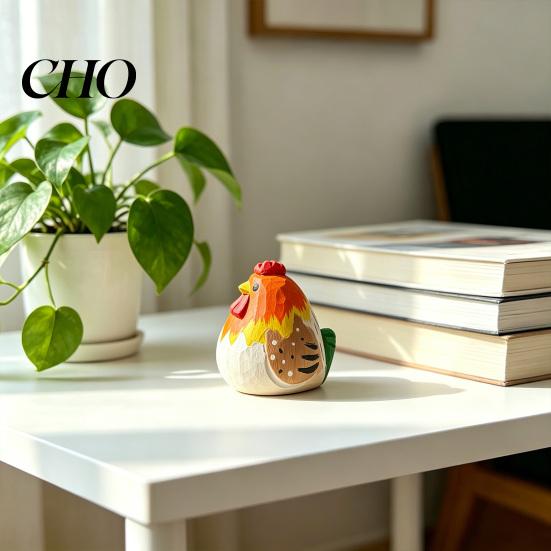 Forest Theme Decor Piece Hand-Carved Wooden Rooster Figurine Farmhouse Chicken Sculptures Rustic Animal Statue Pastoral Home for Shelf Desk