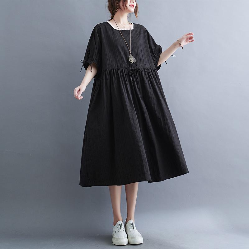 Long Dress Women Linen Large Size Loose Summer Solid Color Short-sleeved Dress Knee-length Thin Large Swing Dress