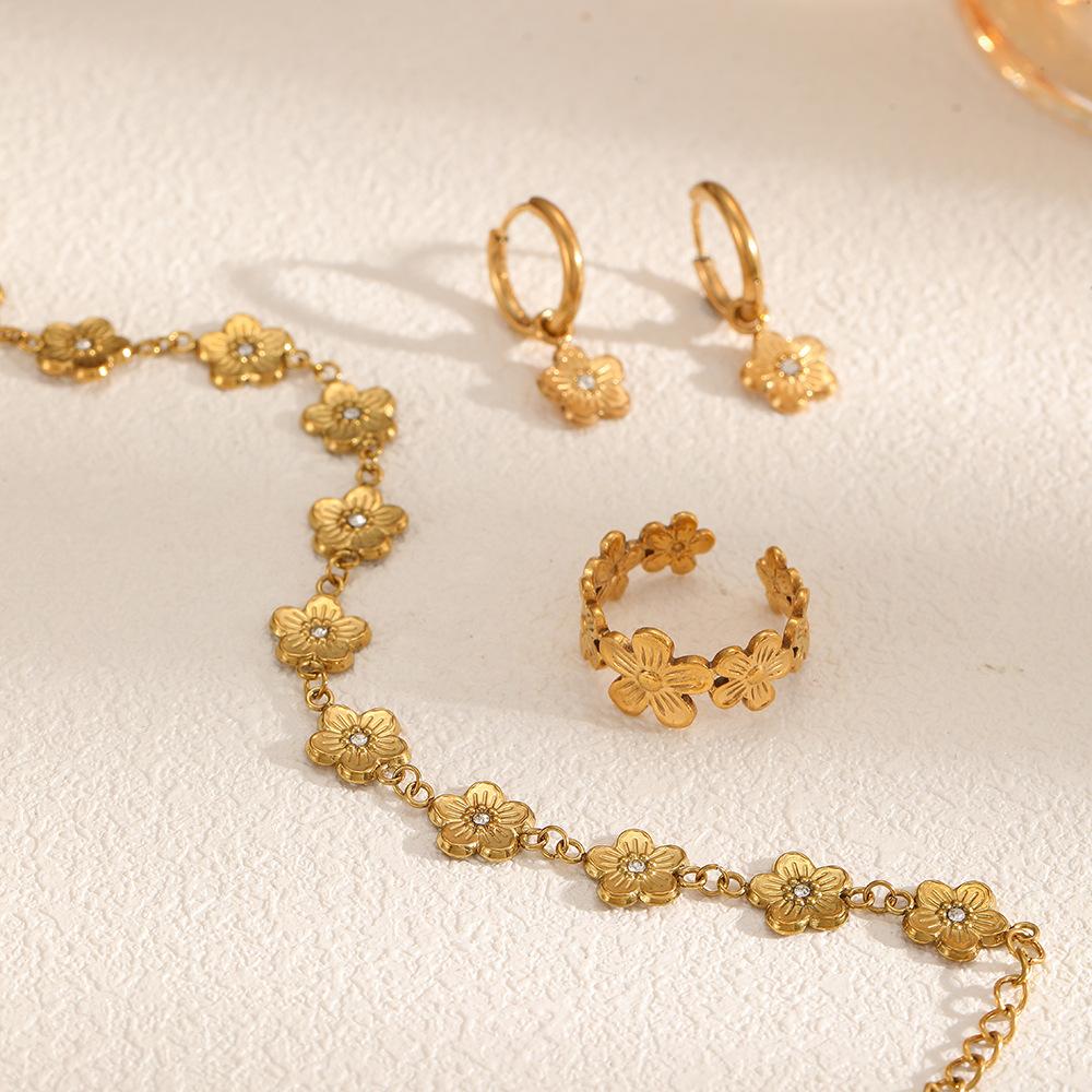 Fashion Creative Delicate Stainless Steel Flower Bracelet Earring Set for Women Party Birthday Daily Cute Romantic Zircon Gift