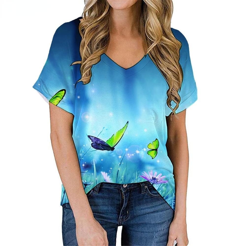 Fashion Spring  Tiger Print Blouses Short Sleeved V-Neck T Shirts Casual