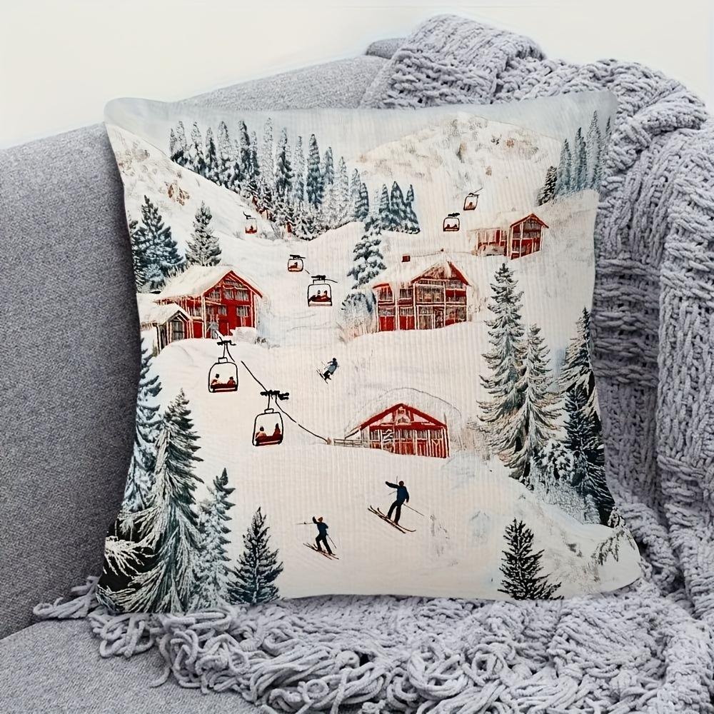 Vintage Ski Resort Pillow Cover Winter Mountain Chalet Print Cozy Skiing Lodge Cushion Case For Sofa Bed Couch Home Decor
