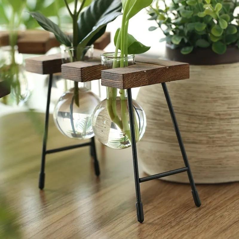 Modern Wooden Frame Hydroponic Planter Glass Bulb Vase Indoor Bonsai Decor for Desk
