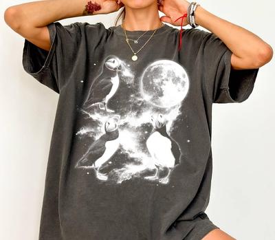 Three Puffins Moon T-Shirt, Retro Bird Graphic Tee, Ocean Wildlife Top