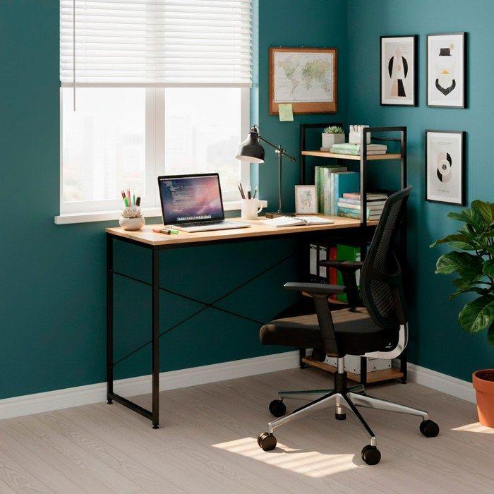 Bureau d'ordinateur - SPRINGOS - 120x48 cm - Métal - Marron clair - Étagères intégrées