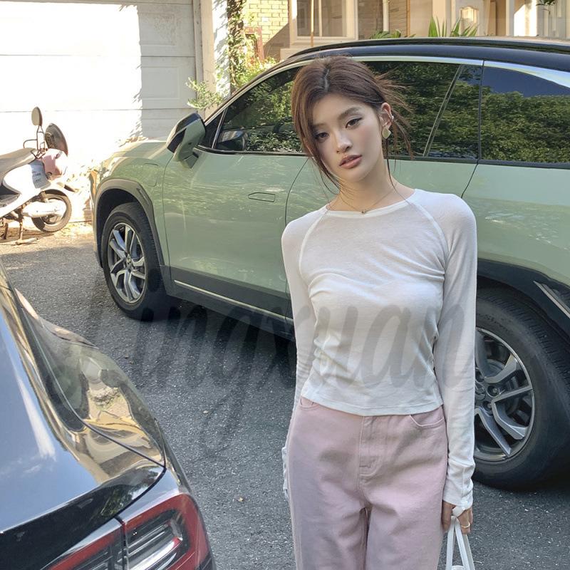 Women s White Patchwork Knit Top - Spring/Summer 2026 Long Sleeve Base Layer Large белый