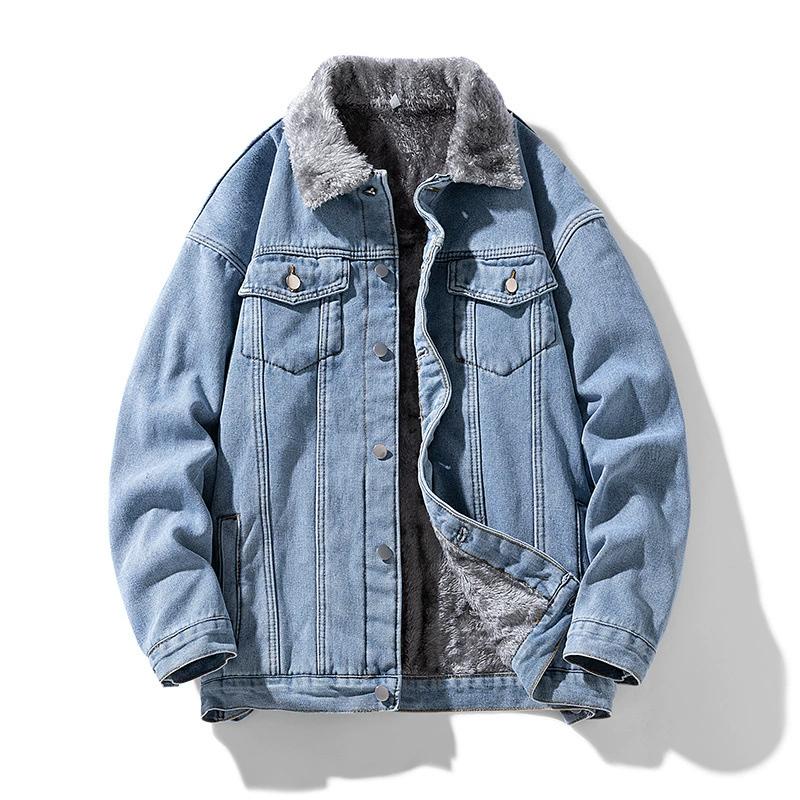 Men's Winter Thick Lambskin Jacket with Added Fleece Denim Jacket