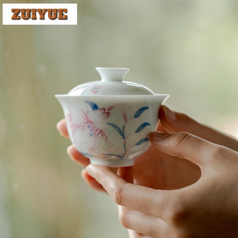120ml Hand-painted Lily White Porcelain Gaiwan Ancient Tea Tureen Tea Bowl With Lid Kit Tea Maker Cover Bowl Teaset Collection