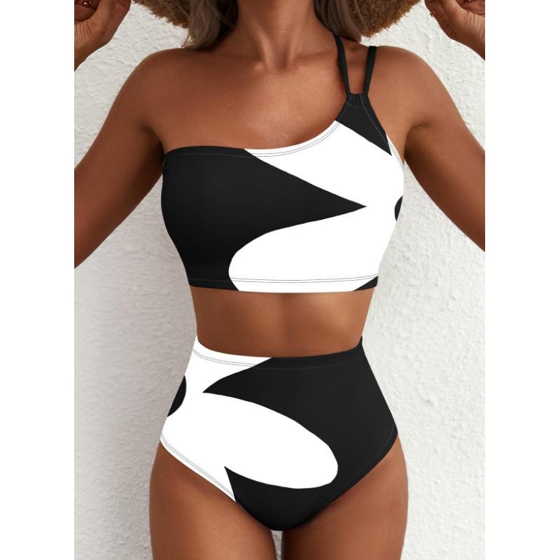 2026 Neues Damen High Waist Bikini-Set Ein Schulter Blumenmuster Badeanzug 2-teilig Bauch Badeanzug