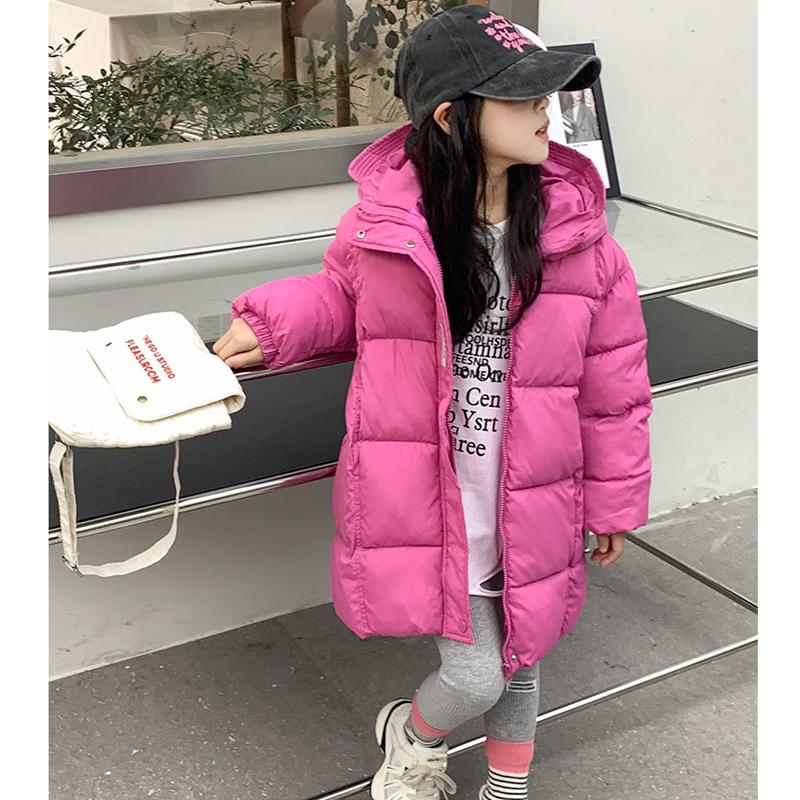 Winterjacke für Teenager-Mädchen, lang, einfarbig, Buchstaben-Druck, dick, warm halten, Kapuzenmantel für Kinder, Daunen-Baumwoll-Oberbekleidung