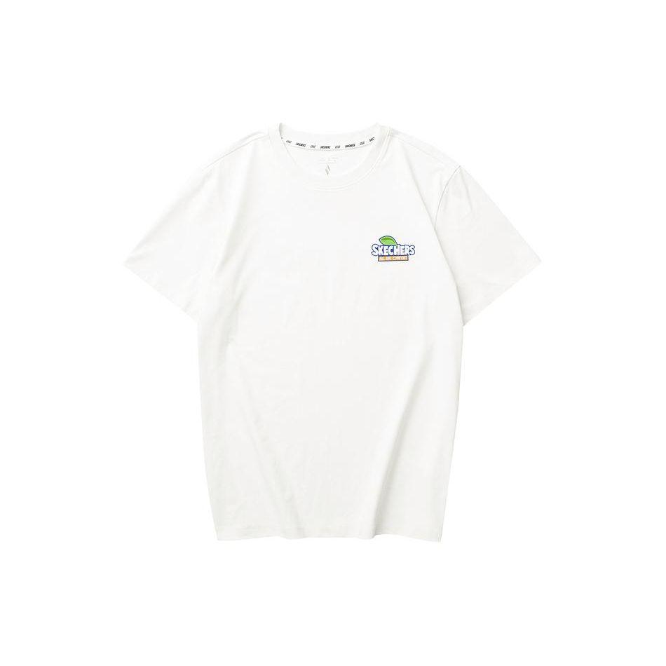 Skechers Letter Print Breathable Quick-Dry Casual Round Neck Pullover Short Sleeve T-Shirt Unisex Tops Cotton-Candy-White L224U058-0074 M