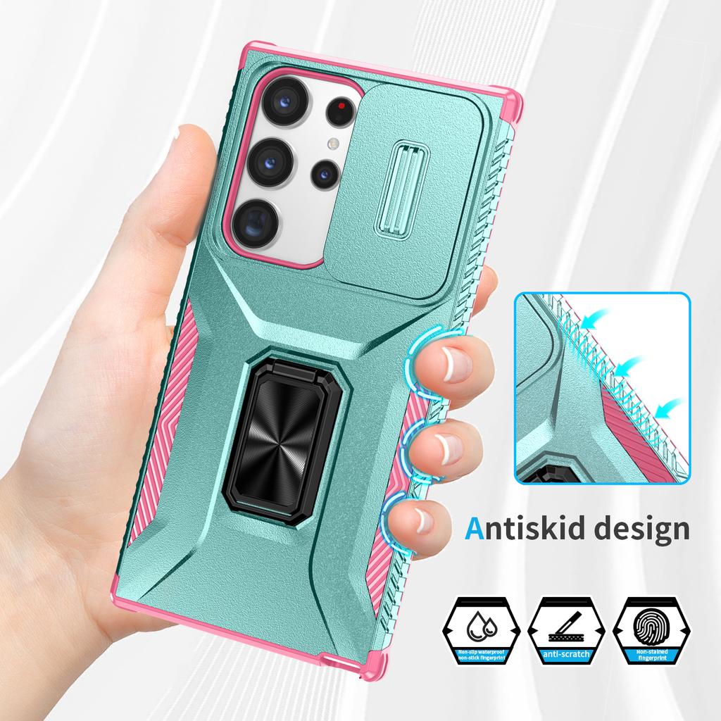 For Samsung Galaxy S23 Ultra Case Slide Lens Lid PC+TPU Phone Cover Kickstand Shell