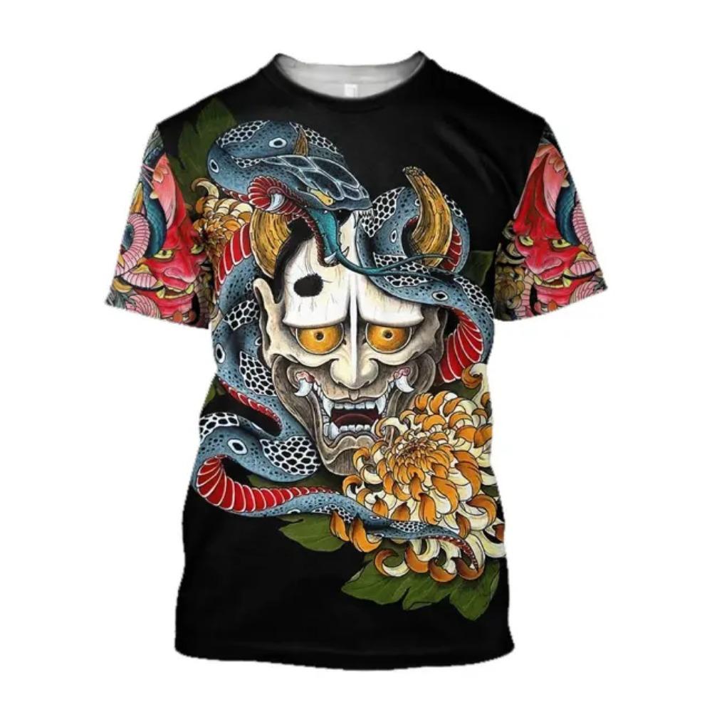 Japanese Harajuku Printing T Shirt For Men Fashion Samurai Mask Graphic T shirts Summer Leisure O-neck Pullover Oversized Tops