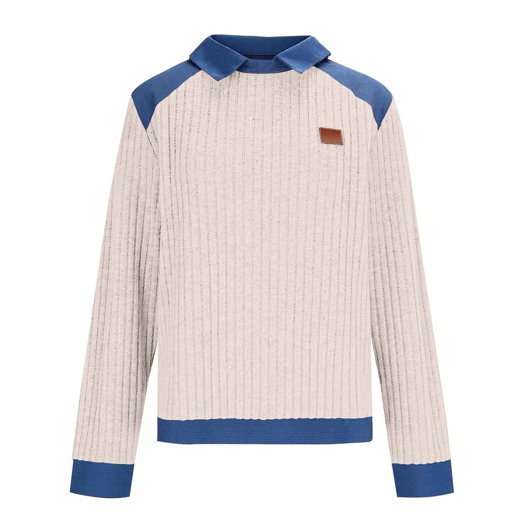 Women's Fashion Oversized Denim Collar Long-Sleeve Pullover Patchwork Knit Top