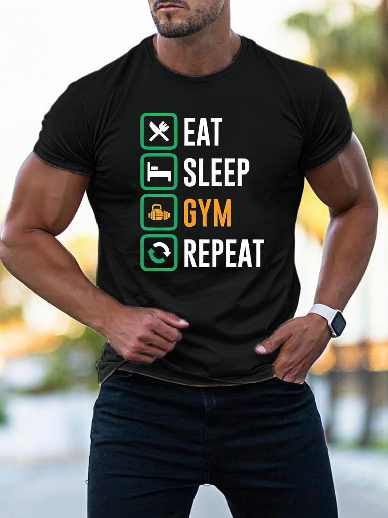 Unisex Crew Neck Tee Gym Lover Eat Sleep Gym Repeat Text Print Soft Cotton Loose Short Sleeve Summer Casual Male Streetwear Tops