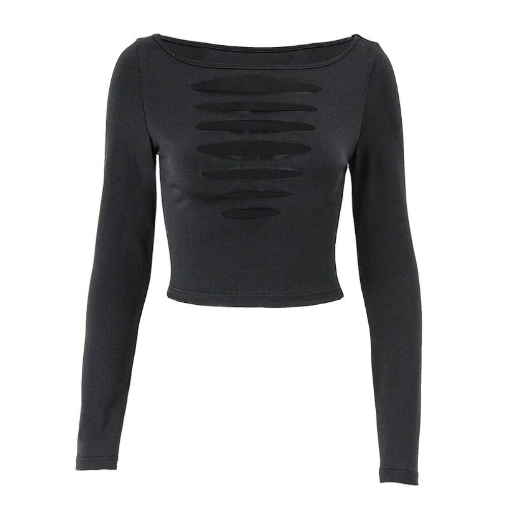 

Осень 2022, готические эстетические сексуальные укороченные топы, открытая футболка с длинными рукавами, женский облегающий укороченный топ с круглым вырезом и открытым пупком L чёрный