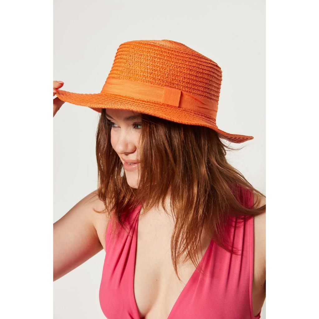 14392 Camel Wide Straw Hat With Ribbon Detail
