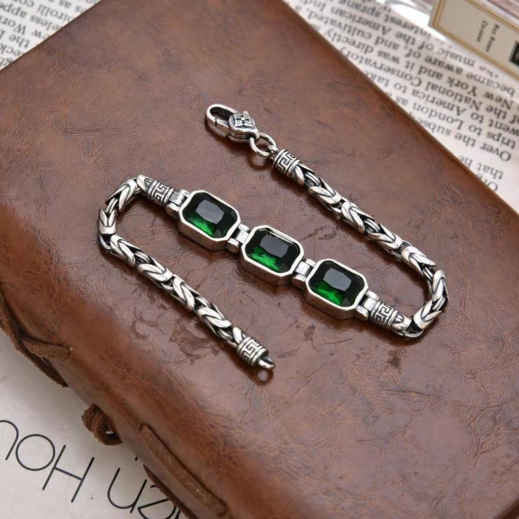 New Chinese Punk Style Men's Bracelet Green Crystals Auspicious Pattern Retro Unisex Fashion Accessory Trendy Streetwear Jewelry