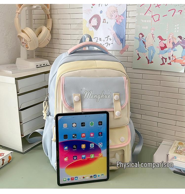 Cute Korean Style Color Block Backpack, Large Capacity for Junior & High School Girls, Laptop Compatible