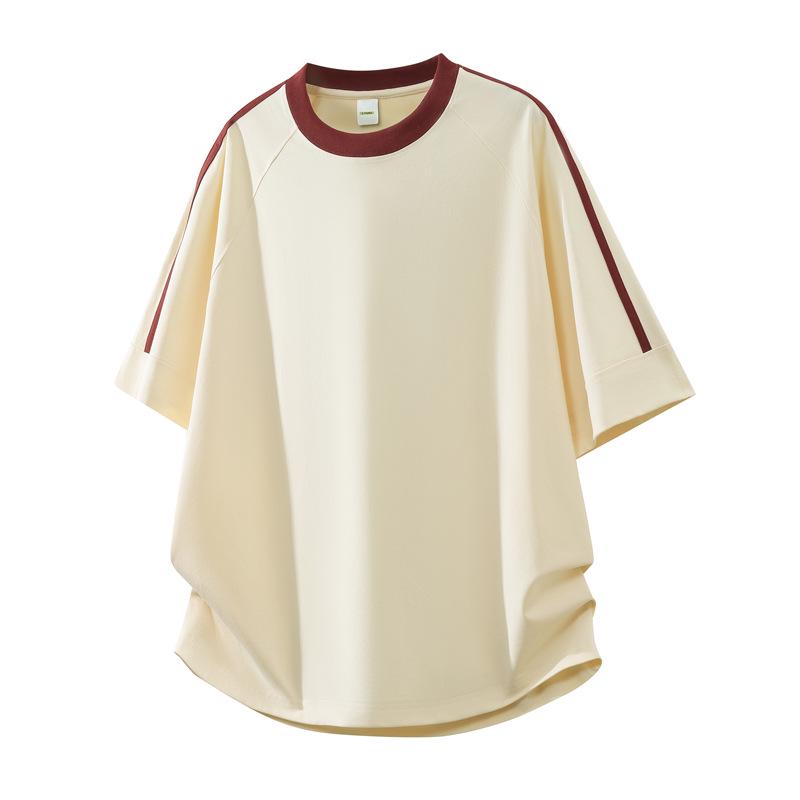 New Men s Trendy Three-Stripes Color Block Round Neck Loose Fit Heavyweight T-Shirt S